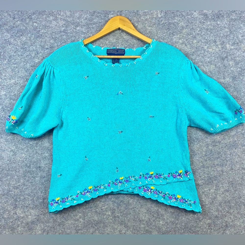 Vintage Herman Geist Linen Blend Sweater‎ M Floral Hand Embroidered Turquoise